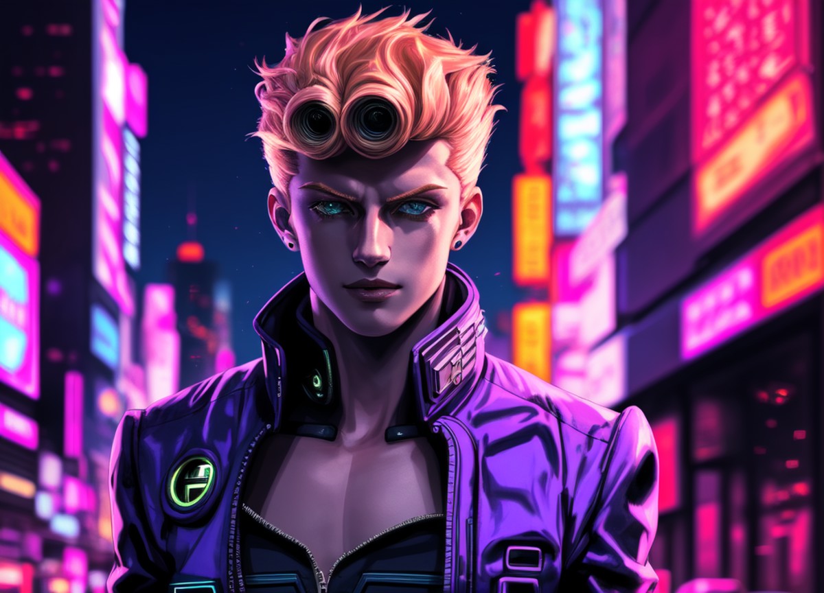 photo of grno, 1boy, night, city, wearing a jacket, cyberpunk setting